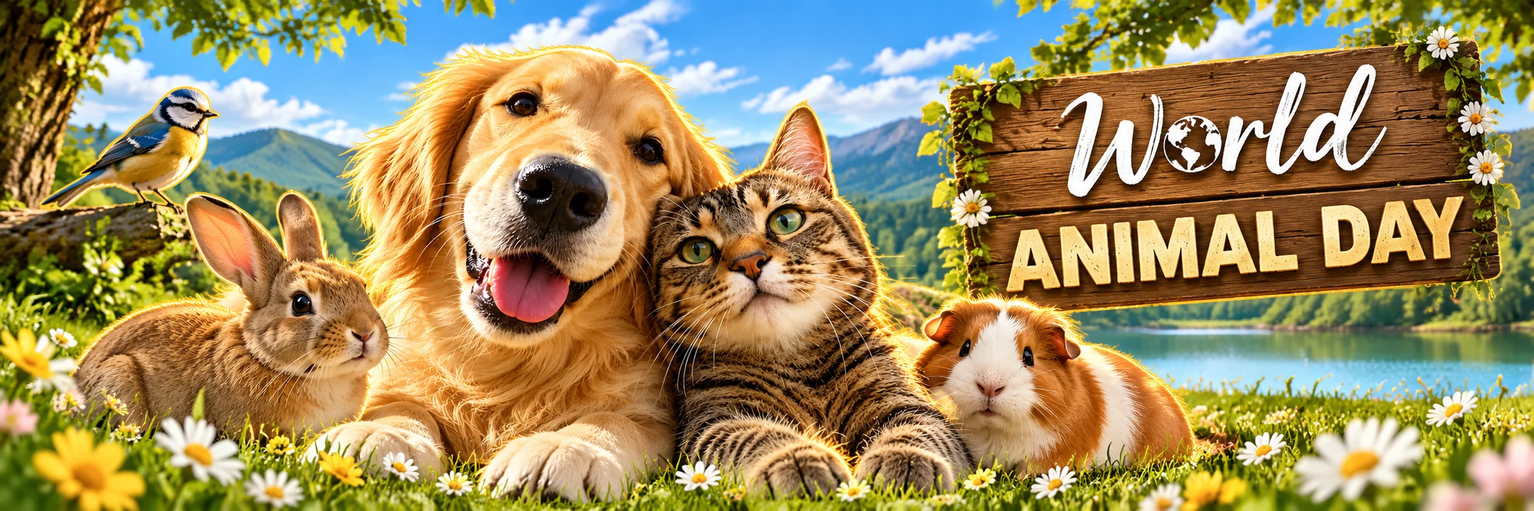 World Animal Day banner with a dog, a cat, a rabbit, a guinea pig and a bird