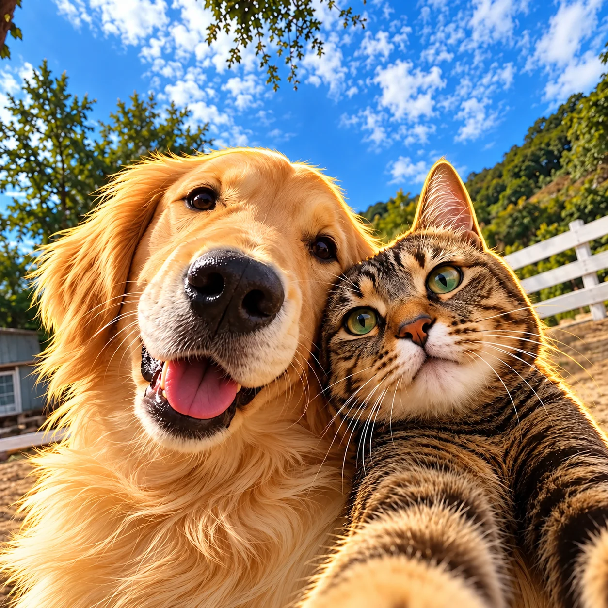 A golden retriever and a tabby cat taking a selfie