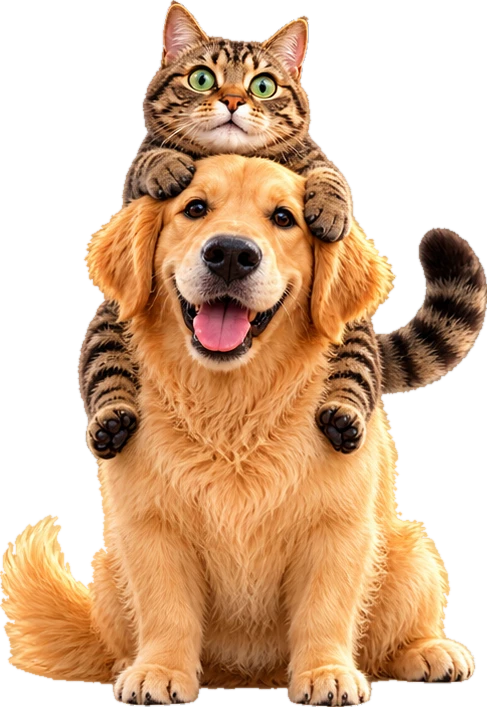 A tabby cat sitting on a golden retriever's head